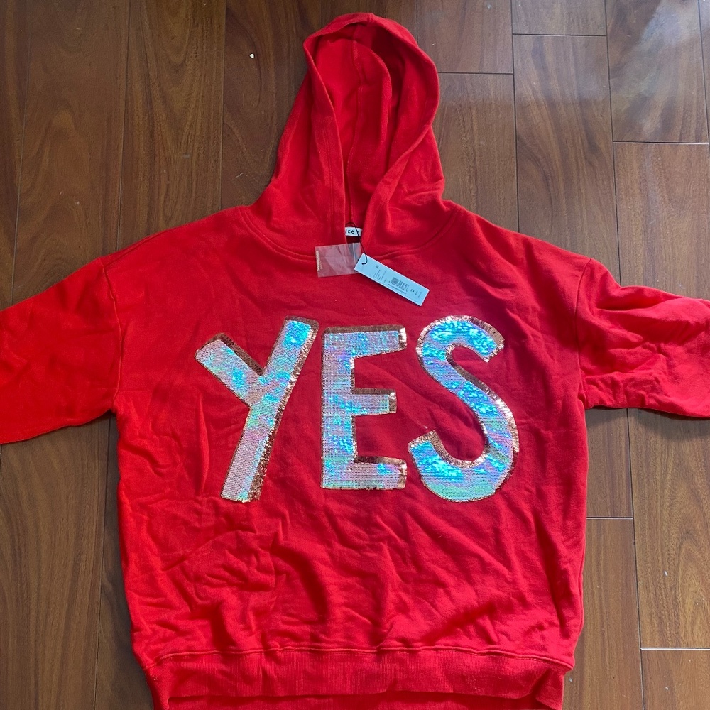 Red Alice + Olivia Sequin "YES" Hoodie, Size M